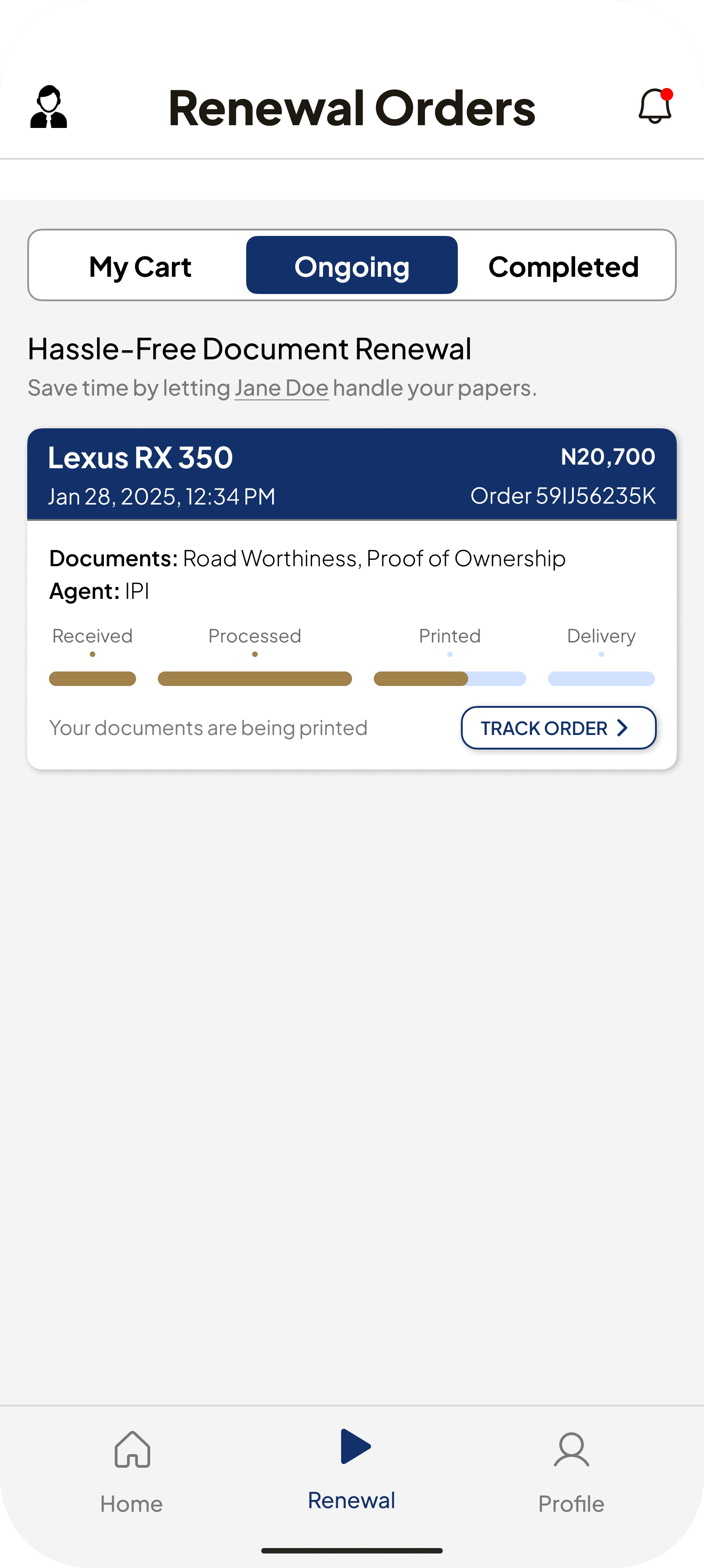 Renewal order with live tracking