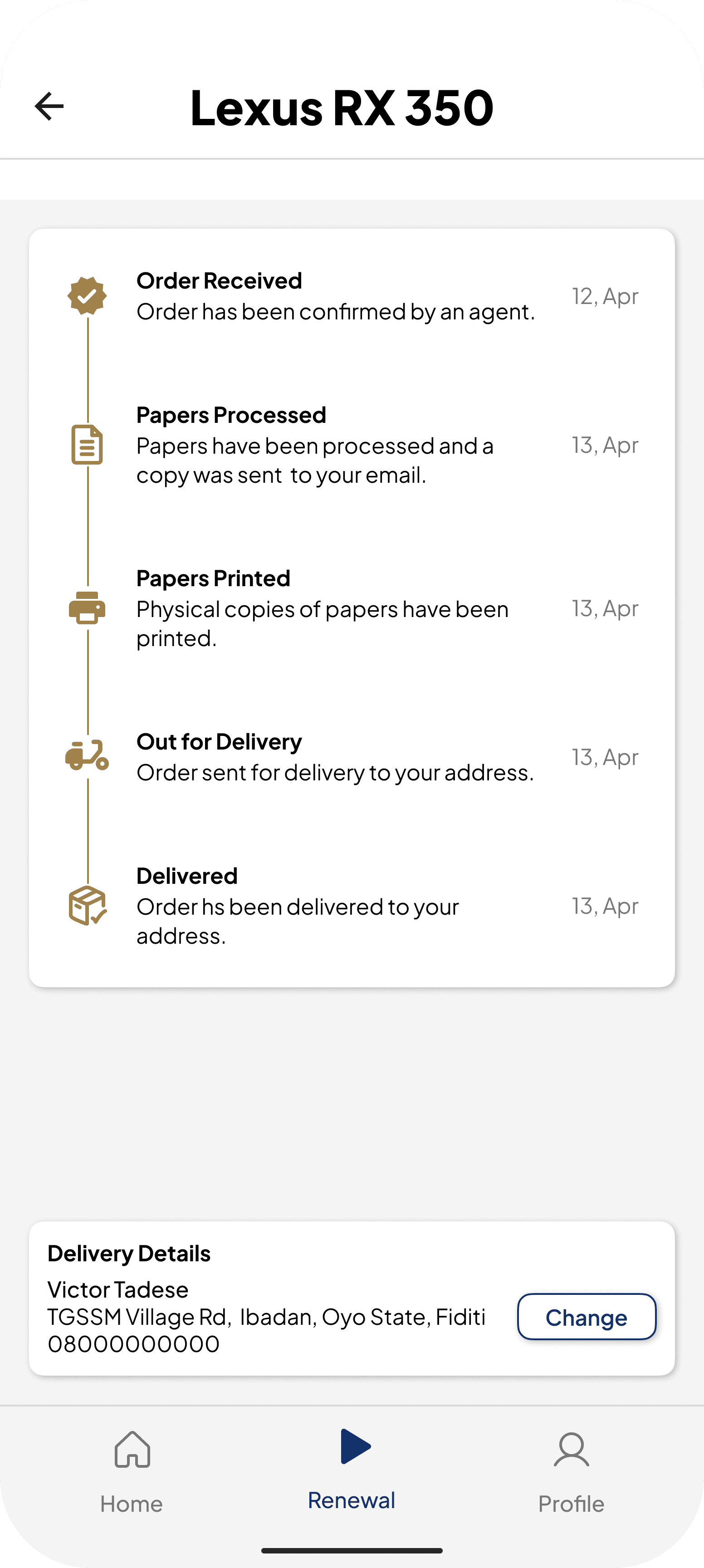 AutoDrive order tracking timeline from order to delivery