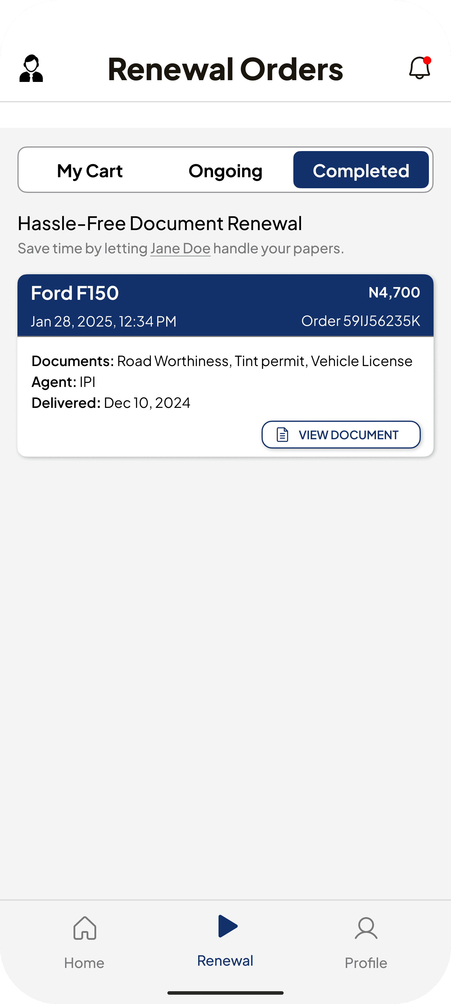 AutoDrive completed renewal order with view document