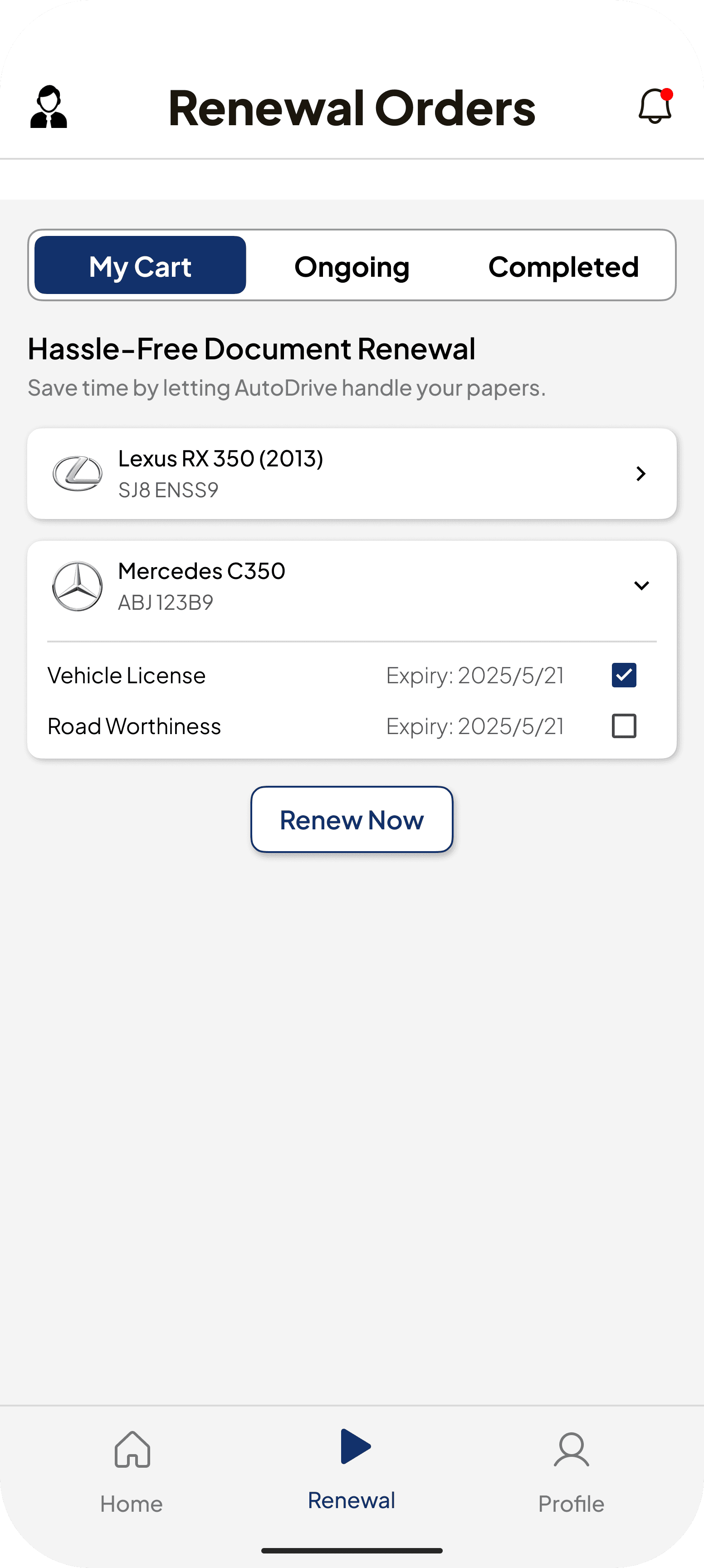 AutoDrive renewal cart to select documents per car