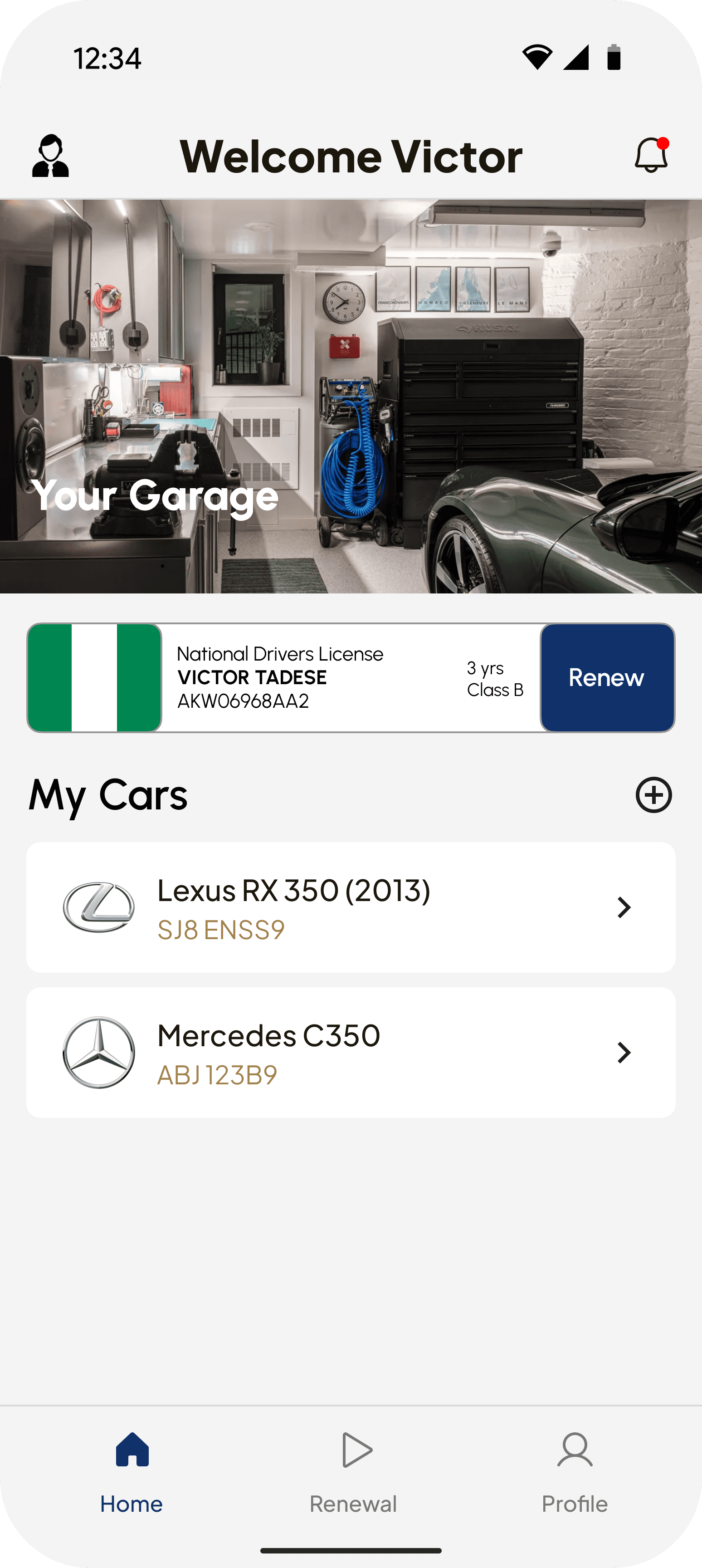 AutoDrive home showing your garage and cars
